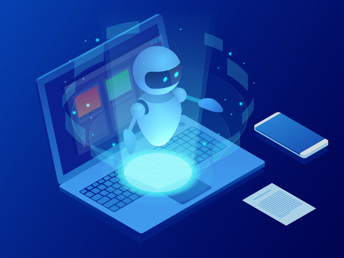 Imagen de un robot saliendo de una computadora 3D